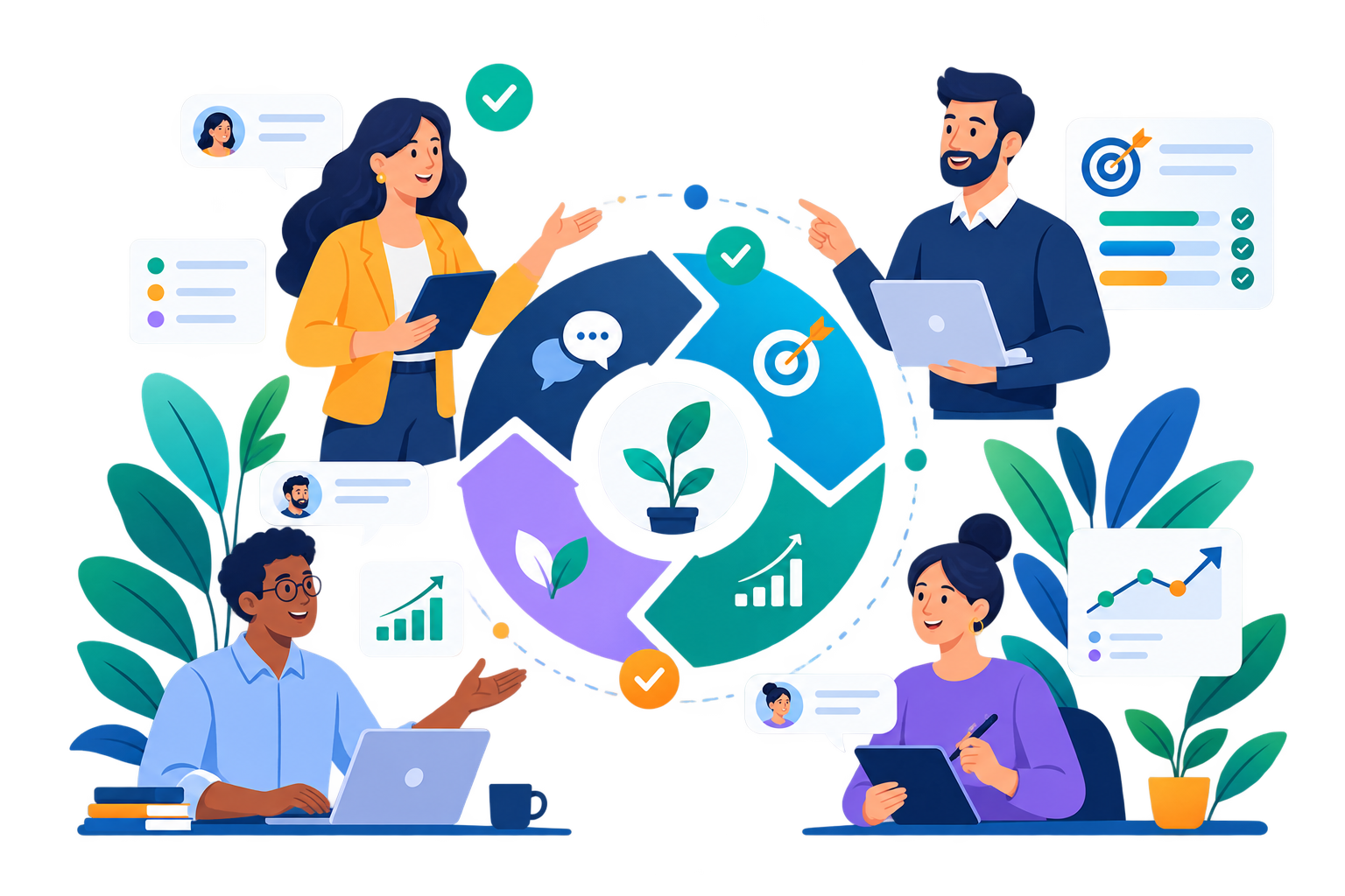 Equipo colaborando en un ciclo de desempeño continuo en Growin