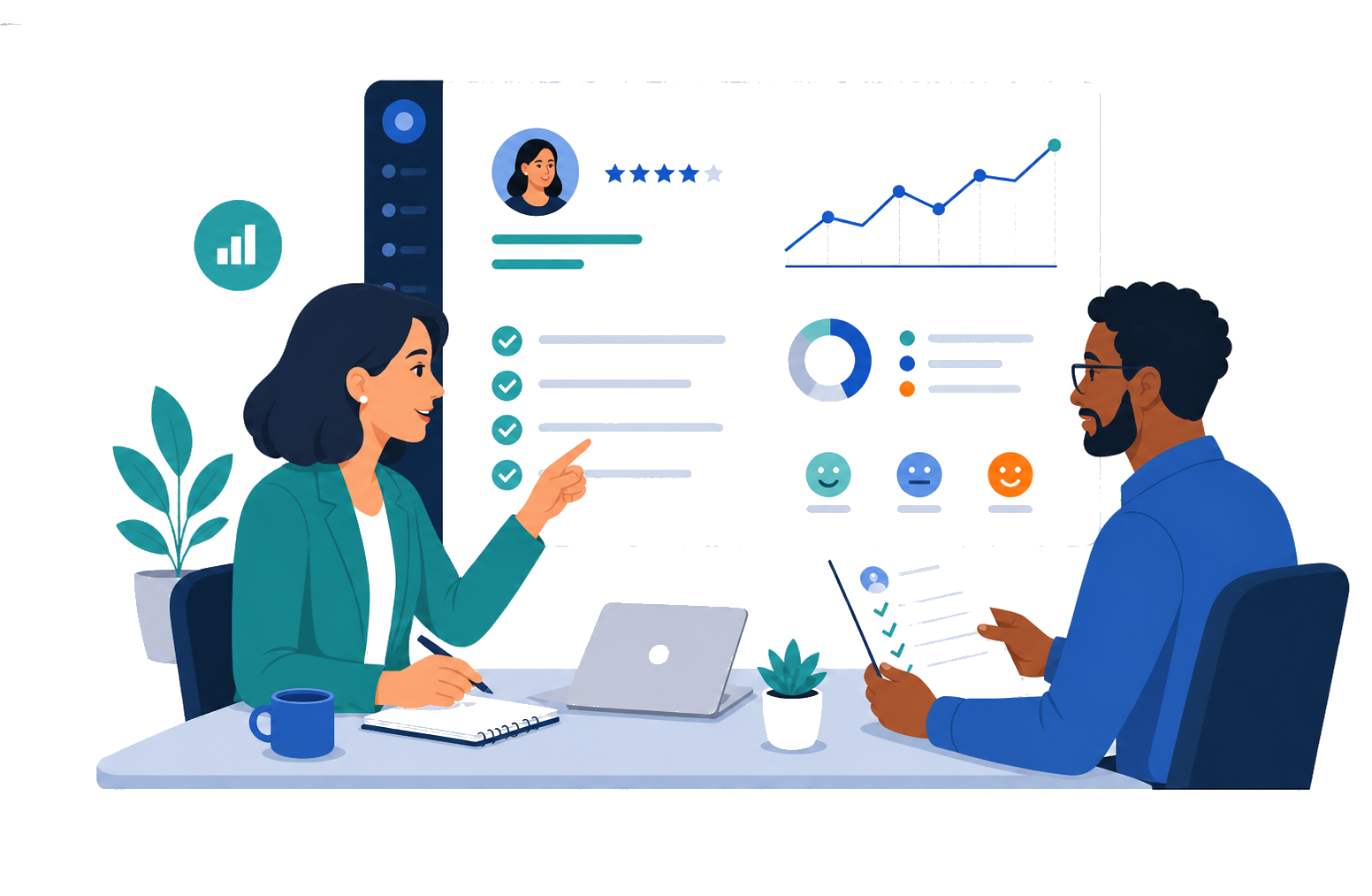 Equipo revisando resultados de evaluación de desempeño en Growin